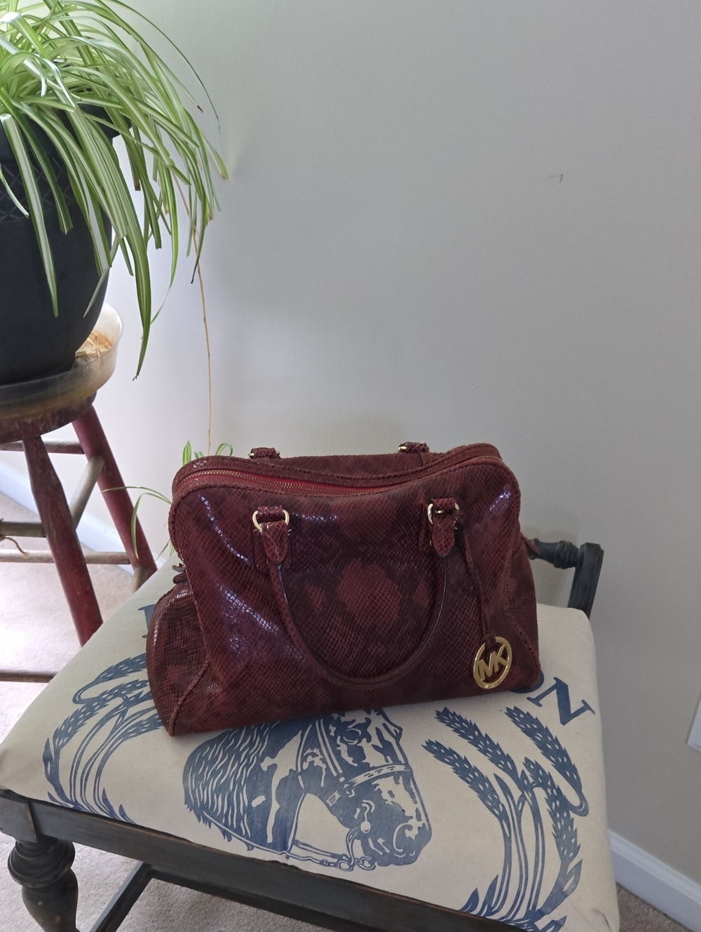 Michael Kors Wine Snake-Embossed Satchel with Gold Hardware